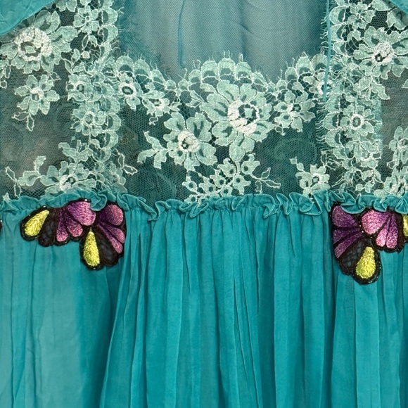 Alberta Ferretti Teal Lace & Embroidered Chiffon Dress — Size 2 / IT 38 - Picture 7 of 10